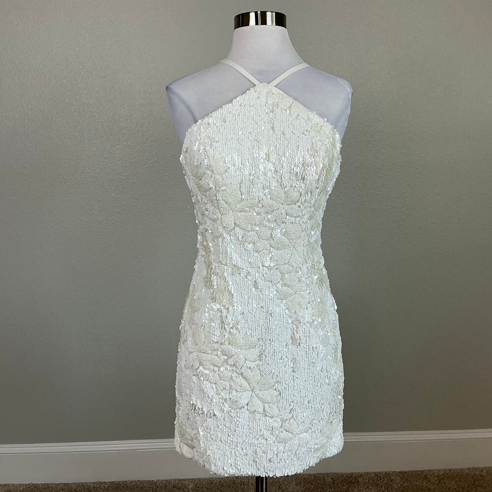 Dress the Population Sequined Halter Mini Sheath Cocktail Dress White Size Small - Picture 2 of 12